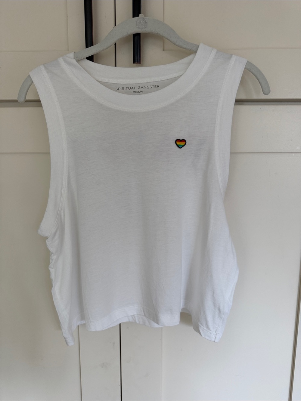 Spiritual Gangster White Muscle Tank with Rainbow Heart Patch